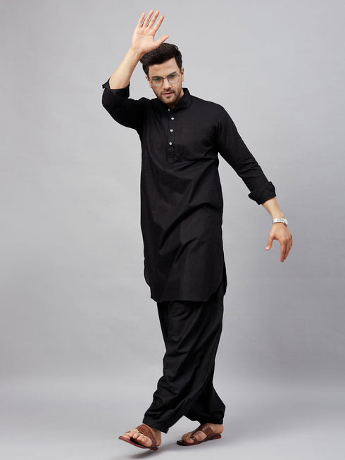 Men's Black Cotton Blend Pathani Suit Set